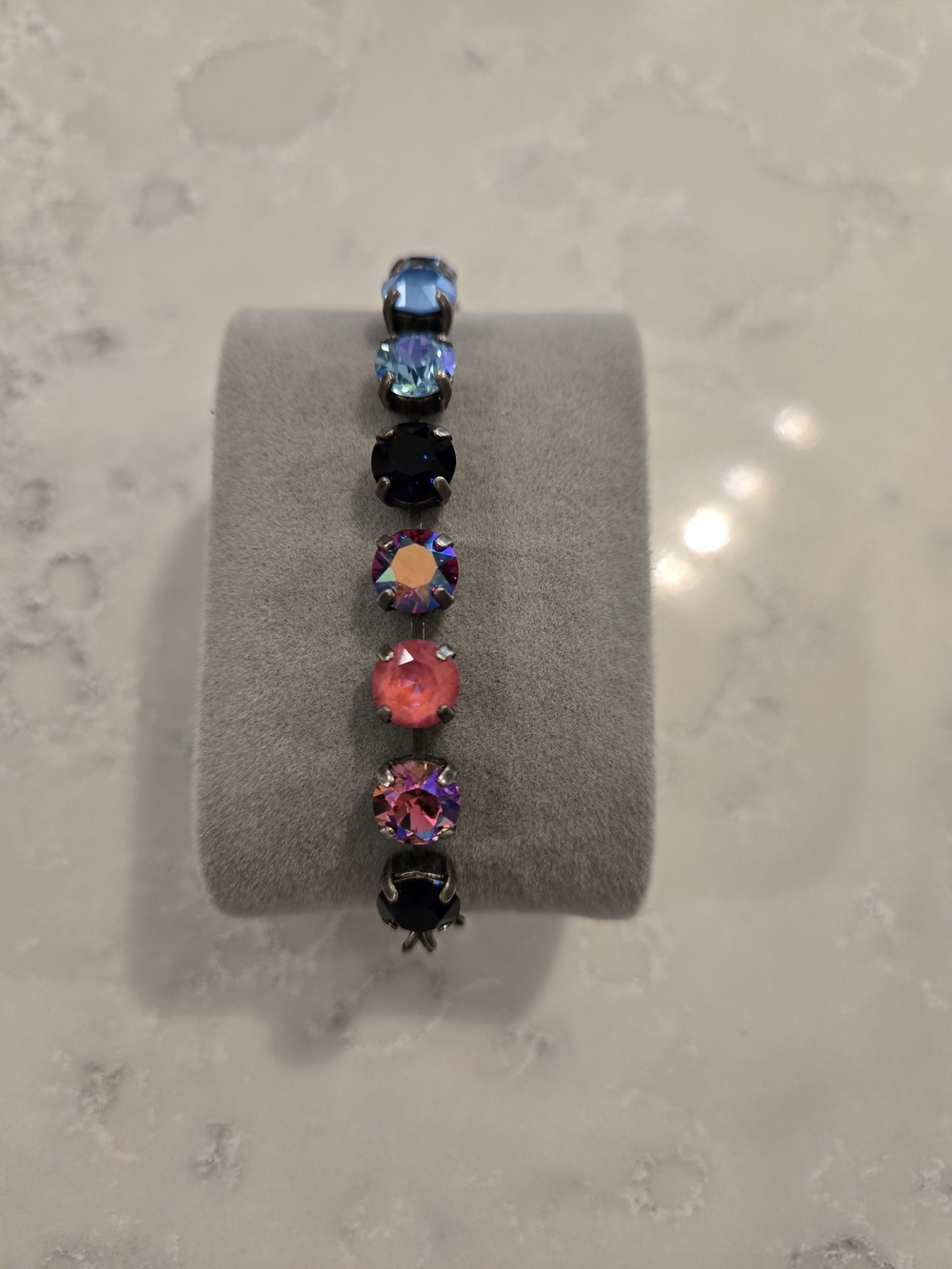8 MM Pink And Blue Swarovski Bracelet - Antique Silver Setting
